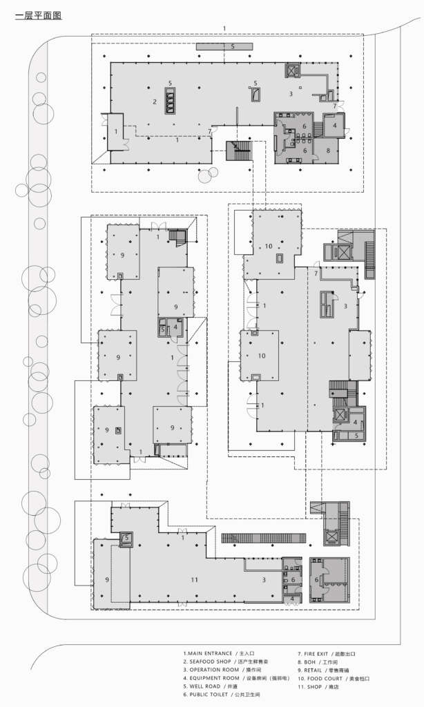 PULO Market a9a rchitects Zhengzhou Henan Cina Desain Pasar Kayu Massal Denah Lantai Dasar