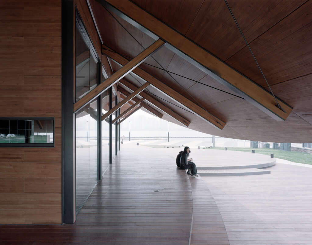 Jinji Lake Pavilion Galaxy Arch Suzhou China Wood Timber Pavilion Rest space under the eaves